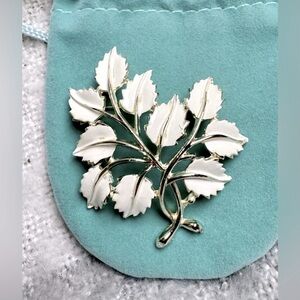 Vintage Gold Tone and White Leaf Enamel Brooch